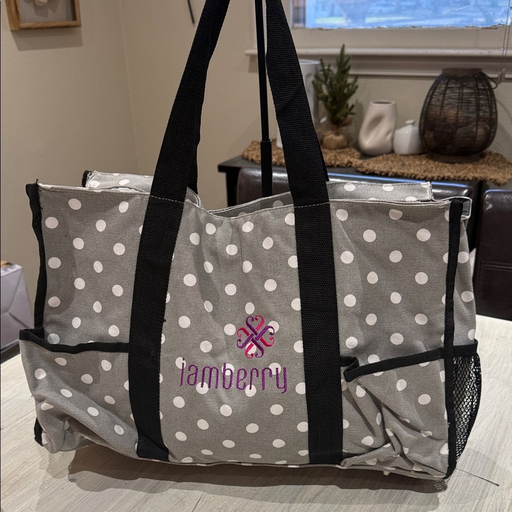 Jamberry Gray and White Polka Dot Tote with Black Straps